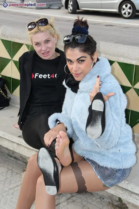 Two Women in Pantyhose Kiss and Play with Feet Outdoors – photo 4 of 12
