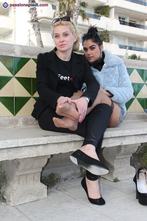 Two Women in Pantyhose Kiss and Play with Feet Outdoors – photo 12 of 12