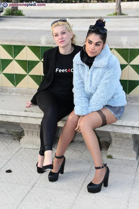 Two Women in Pantyhose Kiss and Play with Feet Outdoors – photo 2 of 12
