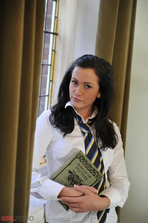 Brunette in Uniform and Socks Pulls Panties Aside – photo 2 of 12