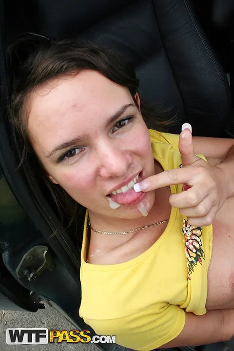 Brunette with Piercing Sucks and Rides for a Facial in the Car – photo 16 of 16