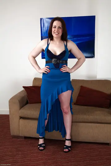 Busty Asian MILF Strips Out of Her Blue Dress and Spreads in Heels