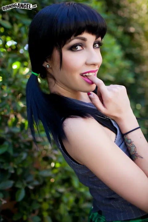 Juliette Black: Slim Brunette in Pigtails Fingers Her Pussy Outdoors – photo 1 of 17