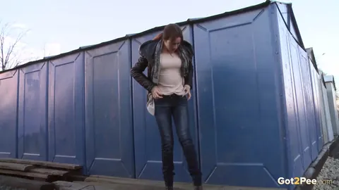 European Woman Pulls Jeans Aside and Spreads Her Hairy Pussy Outdoors – photo 3 of 15