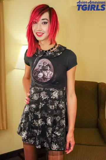 Skinny Redhead Trans Woman Undresses and Masturbates