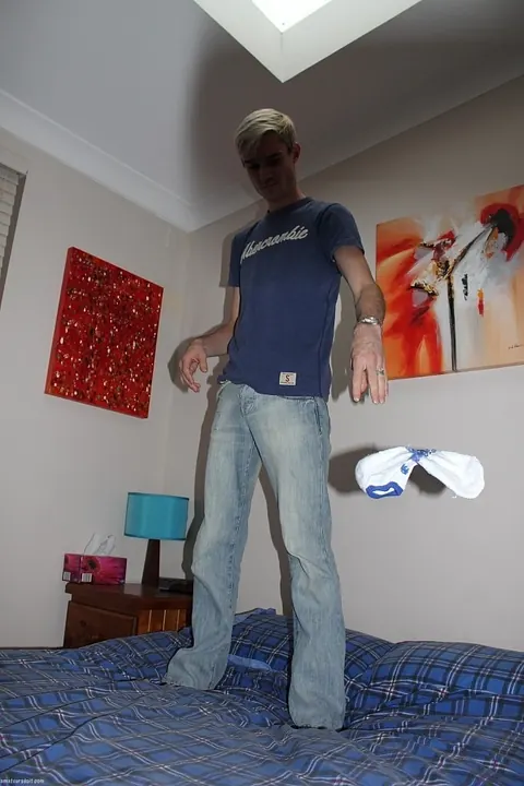 Blonde Man Strips and Strokes His Cock on the Bed – photo 8 of 21