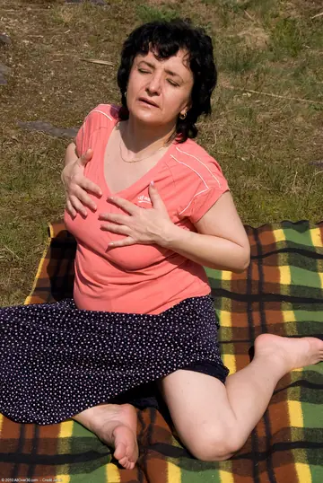MILF with Big Tits Sucks Cock and Toys Her Bushy Pussy Outdoors