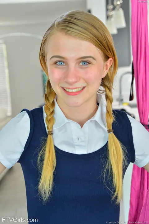 Charlotte Carmen: Petite Blonde in a Uniform Strips and Spreads Outdoors – photo 14 of 20