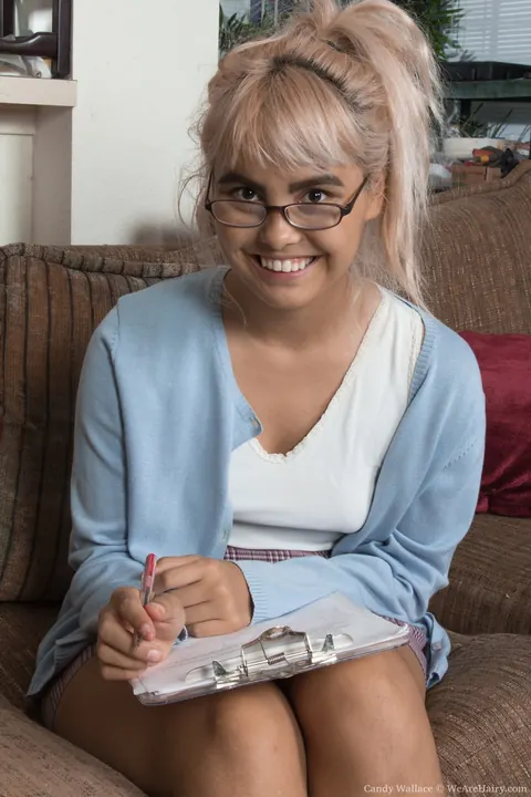Candy Wallace: Hairy Blonde in Glasses and Skirt Spreads on the Sofa – photo 1 of 17