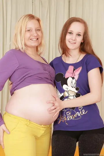 Pregnant Blonde BBW and Hairy Friend Share a Dildo and Lick Each Other