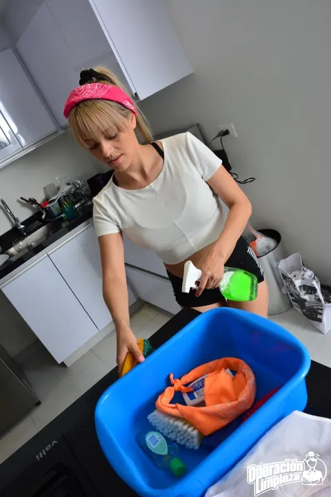 Karla Rivera: Busty Blonde Colombian Maid Strips in the Kitchen for Sex – photo 6 of 17
