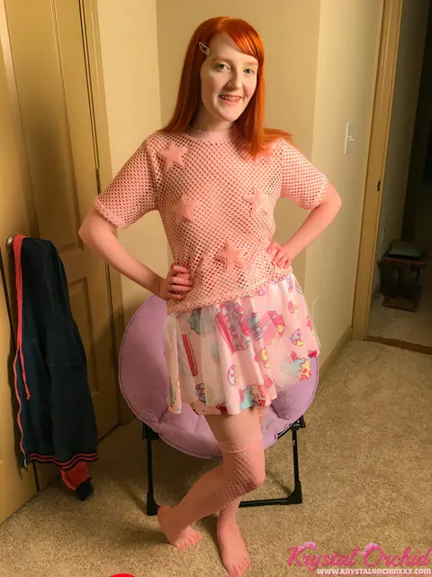 Krystal Orchid: Thick Redhead in Stockings Strips Off Her Panties to Masturbate with a Dildo – photo 1 of 15