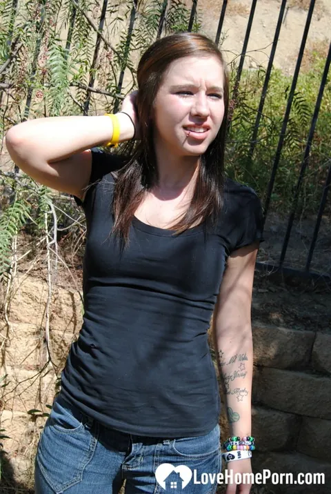 Petite Amateur Brunette Exposes Her Trimmed Pussy in the Forest – photo 2 of 21