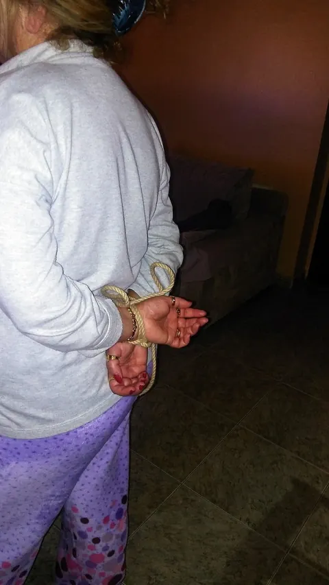 Mature Curvy Woman Bound in Rope and Handcuffs Spreads Wide – photo 13 of 14
