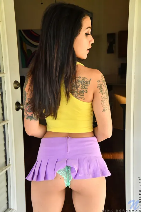 Jynx Correra: Slim Brunette Pulls Panties Aside and Spreads Her Pierced Pussy – photo 13 of 21