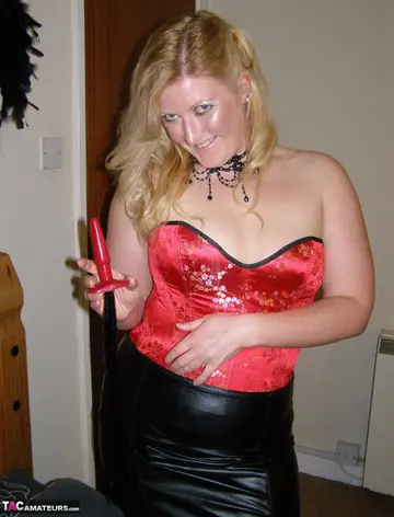 Curvy Blonde MILF Inserts Butt Plug in Latex Lingerie