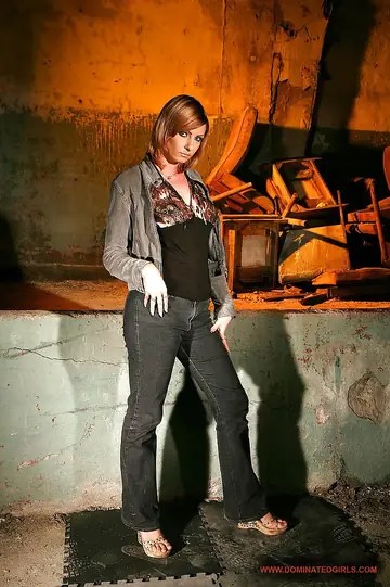 Gabriella Mai – Tall Short-Haired Brunette Bound in Jeans Spreads for BDSM