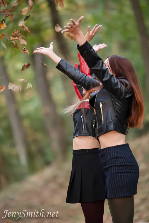 Jeny Smith: Brunette Lesbians Lick and Finger in Leather Skirts Outdoors – photo 1 of 15