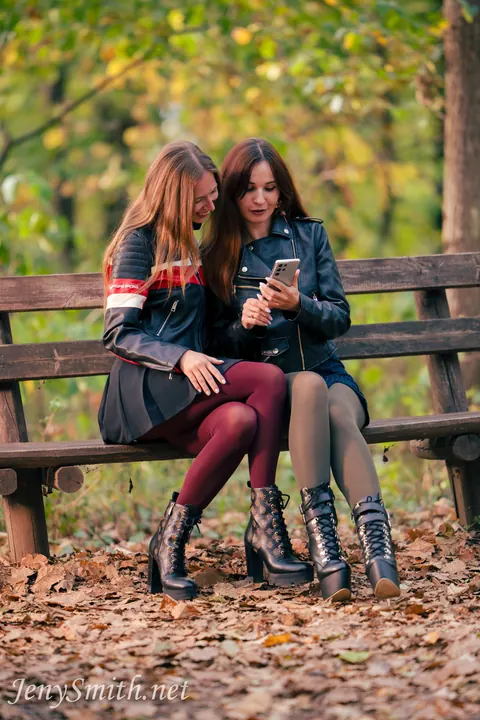 Jeny Smith: Brunette Lesbians Lick and Finger in Leather Skirts Outdoors – photo 3 of 15