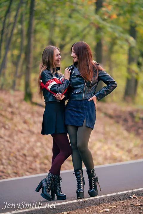 Jeny Smith: Brunette Lesbians Lick and Finger in Leather Skirts Outdoors – photo 2 of 15
