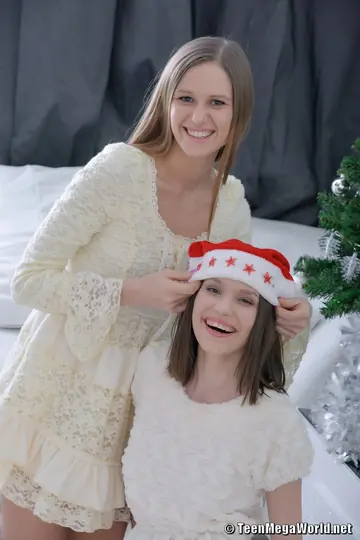 Arina Clair – Two Petite European Brunettes Share Anal Threesome in Christmas Caps