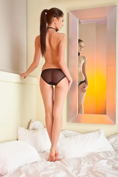 Margo G: Brunette in Sheer Panties Pulls Them Aside and Spreads Her Pussy – photo 3 of 21