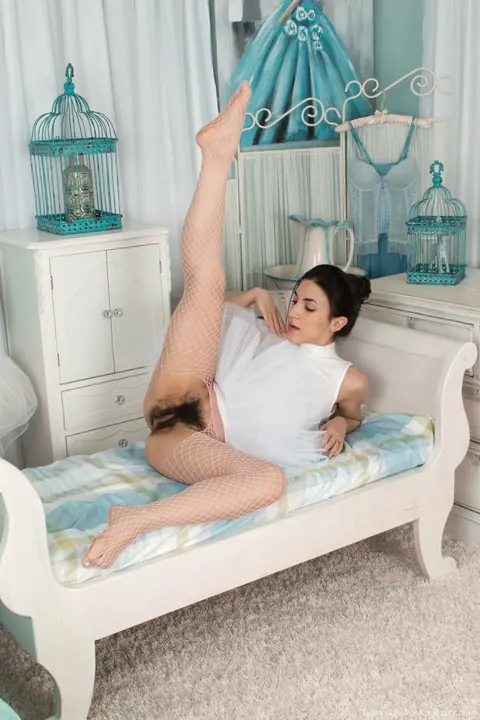 Hairy Brunette in Pantyhose Strips and Spreads – photo 6 of 17