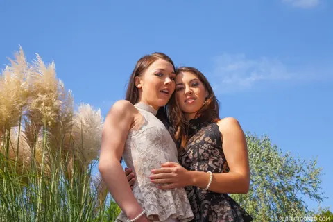 Angelik Duval: Two Brunettes Flash Their Asses Outdoors Before a Threesome with Anal – photo 1 of 16