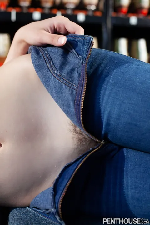 Jay Marie: Busty Brunette MILF in Jeans Flashes Her Hairy Pussy to Lesbian Lover – photo 8 of 16