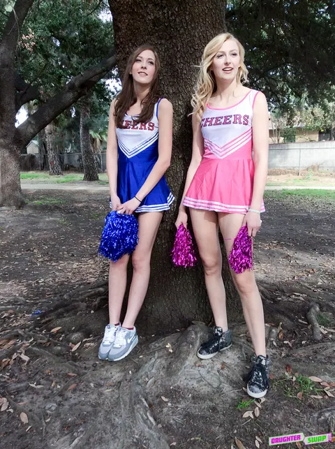 Alexa Grace: Tall Blonde and Brunette in Skirts Share Coach Outdoors – photo 1 of 10