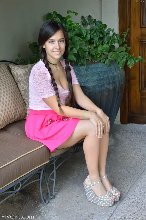 Caroline Ray: Brunette Latina in Pigtails Flashes and Toys Outdoors – photo 9 of 20
