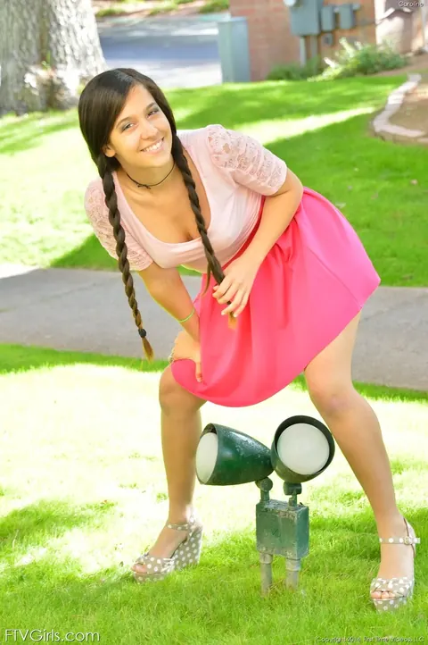 Caroline Ray: Brunette Latina in Pigtails Flashes and Toys Outdoors – photo 6 of 20