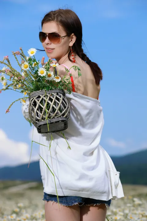 Ukrainian Brunette Pulls Shorts Aside to Spread Her Shaved Pussy in the Forest – photo 2 of 21