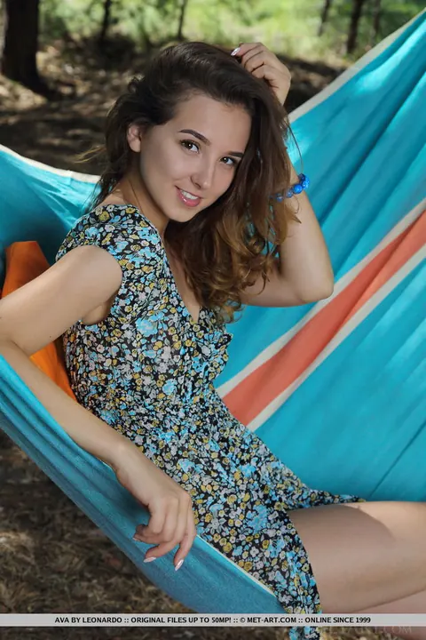 Karina Demudenko: European Brunette Spreads Her Shaved Pussy on a Hammock in the Woods – photo 1 of 18