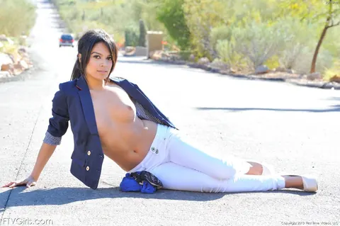 Jasmine Rain: Latina with Big Natural Tits Strips Nude on a Public Roadway – photo 12 of 15