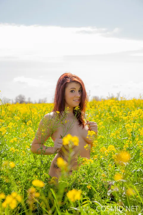 Aubrey Chase: Redhead with Big Natural Tits Pulls on Her Dress After a Nude Forest Shoot – photo 3 of 16