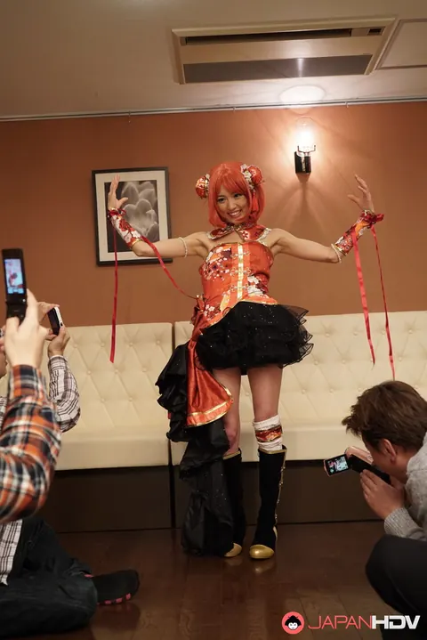 Asian Redhead in Cosplay Skirt Strokes Cock POV in a Threesome – photo 4 of 21