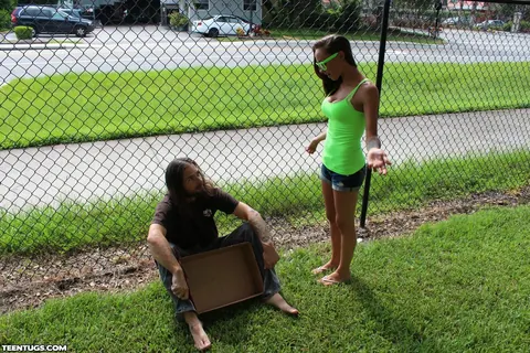 Sasha Foxx: Busty Brunette in Glasses Gives a Handjob Outdoors – photo 2 of 21