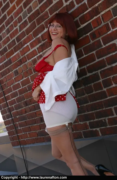 Busty Redhead MILF Undresses Outdoors in Lingerie and Stockings – photo 3 of 12