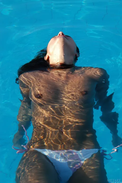 Sharon E: Blonde with Big Enhanced Tits Poses in Panties by the Pool – photo 14 of 21
