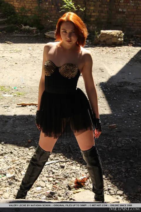 Valery Leche: Tall Redhead in Boots Spreads Her Pussy Lips in a Concrete Pipe – photo 3 of 18