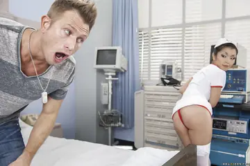 Marica Hase – Asian Nurse in Stockings Rides Cock and Takes a Facial