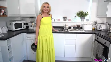 Blonde British Woman Gives POV Blowjob and Uses a Dildo in the Kitchen