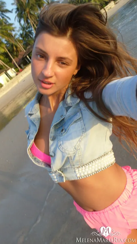 Melena A: Busty Skinny Brunette Strips Out of Her Skirt Outdoors – photo 9 of 15