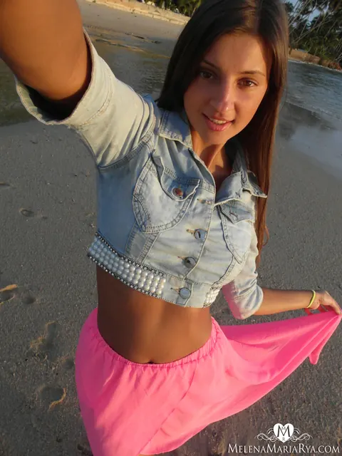 Melena A: Busty Skinny Brunette Strips Out of Her Skirt Outdoors – photo 6 of 15