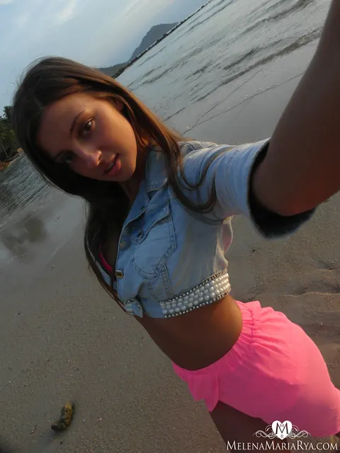 Melena A: Busty Skinny Brunette Strips Out of Her Skirt Outdoors – photo 11 of 15