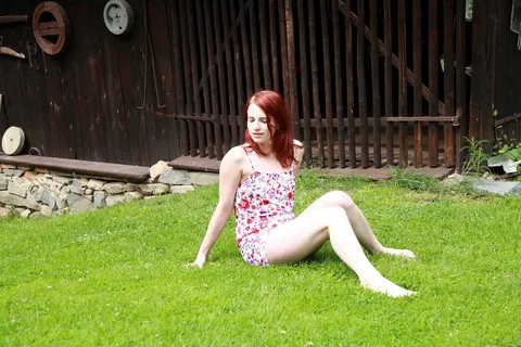 Jarmila: Redhead with Natural Tits Fingers Her Shaved Pussy Outdoors – photo 1 of 15