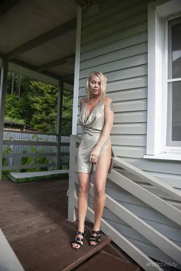 Blonde PAWG Strips Out of Her Skirt on a Garden Porch