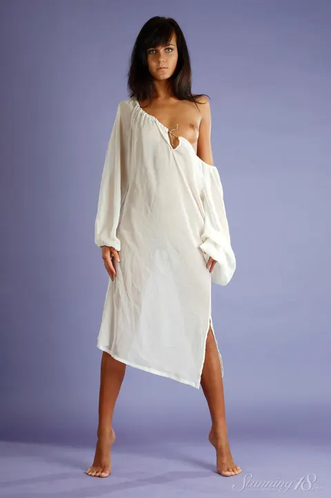 Gloria B: Slim Ebony Brunette Removes Sheer Smock for Nude Posing – photo 1 of 16