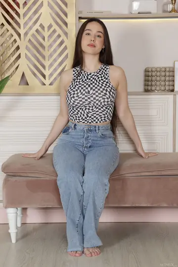Emily Eliot – Thick Brunette in Jeans Strips and Fingers Her Pussy